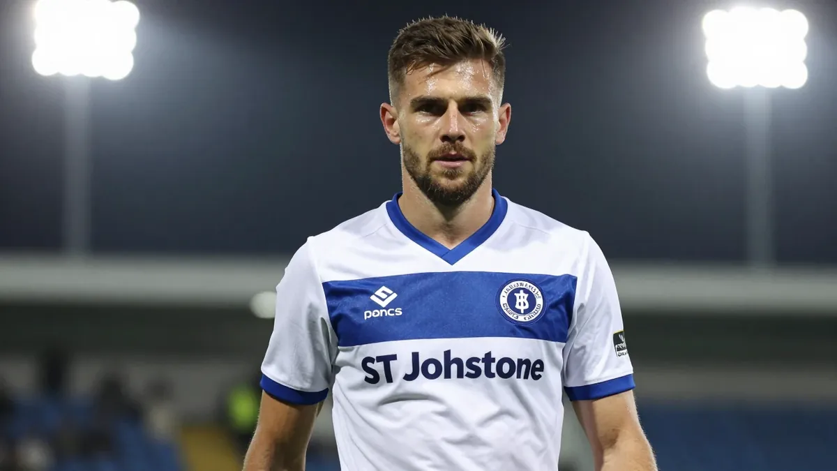 A 30-year-old ST Johnstone player, with a athletic build, in a blue and white kit, made of smooth fabric, with a...