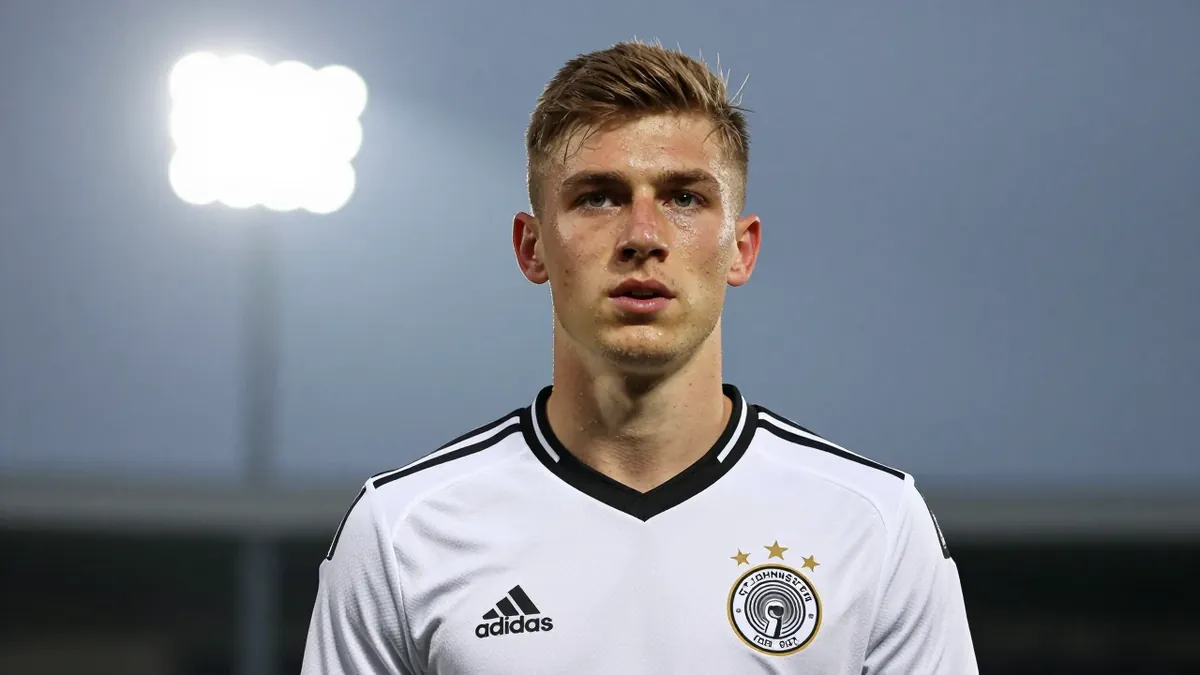 A 23-year-old German striker in a ST Johnstone jersey, and photorealistic skin and fabric texture, with the eyes in sharp...