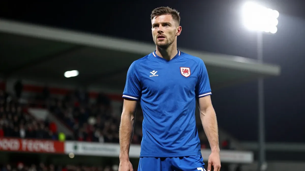 A 28-year-old Welsh midfielder, wearing a solid blue kit, photographed with an 85mm f/1.4 lens, looking determined