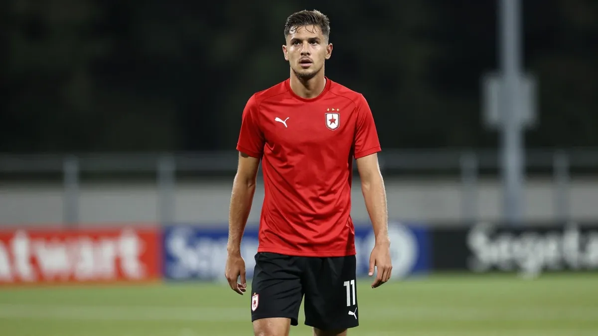 26-year-old Bosnian left-back, build: athletic, wearing a clean block of red kit and black shorts, focusing on his...