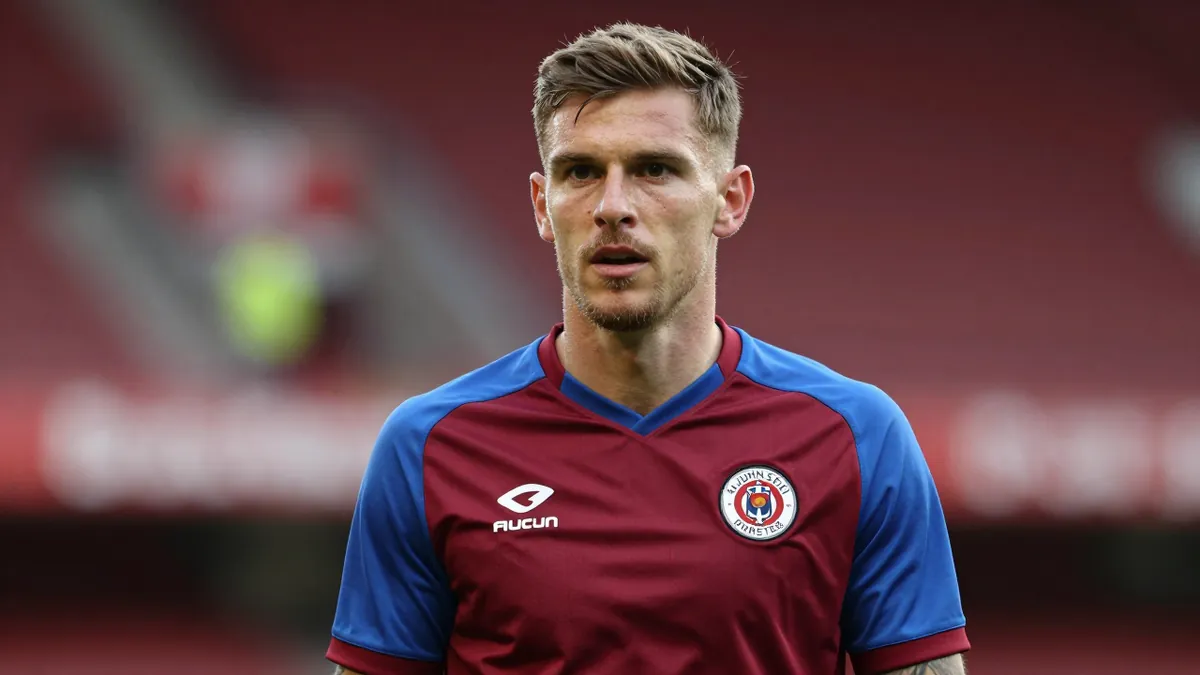 A determined St Johnstone midfielder, 25, with a strong build, wears a claret shirt with blue sleeves, made of smooth...