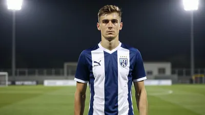 A 26-year-old Bosnian left-back in a solid block of dark blue and white kit, standing on a football pitch with a...